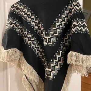 David & Young Black and Cream Fringe Poncho